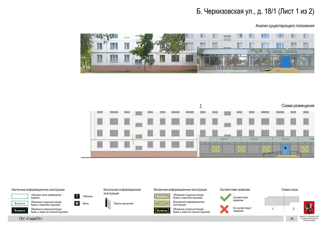 Архитектурная концепция размещения вывесок — Большая черкизовская улица, 18/1, Москва, лист 1 из 2 · Документ по адресу · Архитектурно-художественная концепция · 2020 год