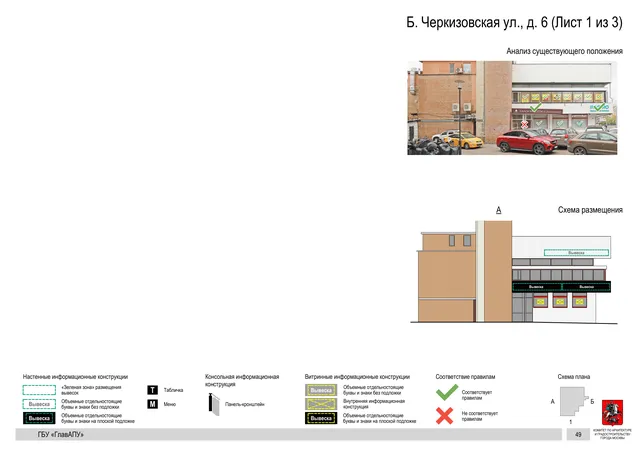 Архитектурная концепция размещения вывесок — Большая черкизовская улица, 6, Москва, лист 1 из 3 · Документ по адресу · Архитектурно-художественная концепция · 2020 год