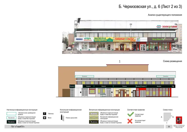 Архитектурная концепция размещения вывесок — Большая черкизовская улица, 6, Москва, лист 2 из 3 · Документ по адресу · Архитектурно-художественная концепция · 2020 год