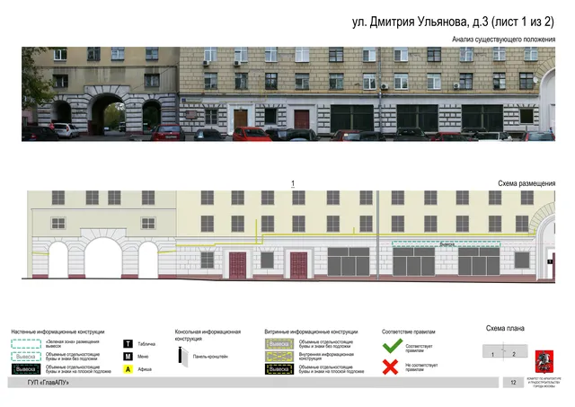 Архитектурная концепция размещения вывесок — Дмитрия ульянова улица, 3, Москва, лист 1 из 2 · Документ по адресу · Архитектурно-художественная концепция · 2016 год