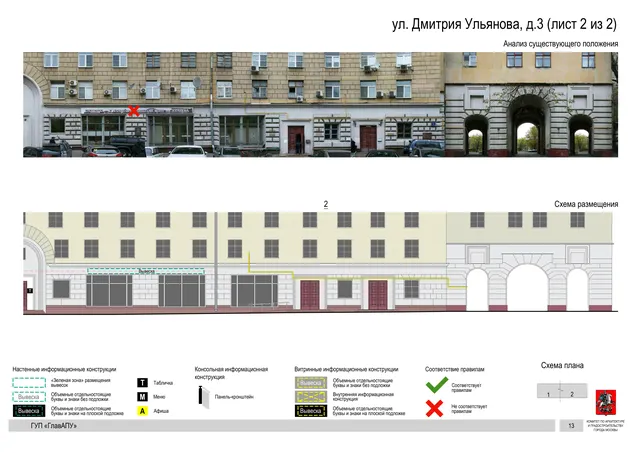 Архитектурная концепция размещения вывесок — Дмитрия ульянова улица, 3, Москва, лист 2 из 2 · Документ по адресу · Архитектурно-художественная концепция · 2016 год