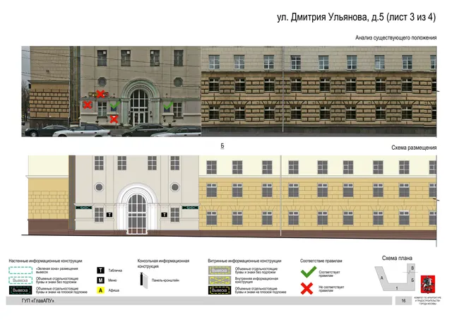 Архитектурная концепция размещения вывесок — Дмитрия ульянова улица, 5, Москва, лист 3 из 4 · Документ по адресу · Архитектурно-художественная концепция · 2016 год