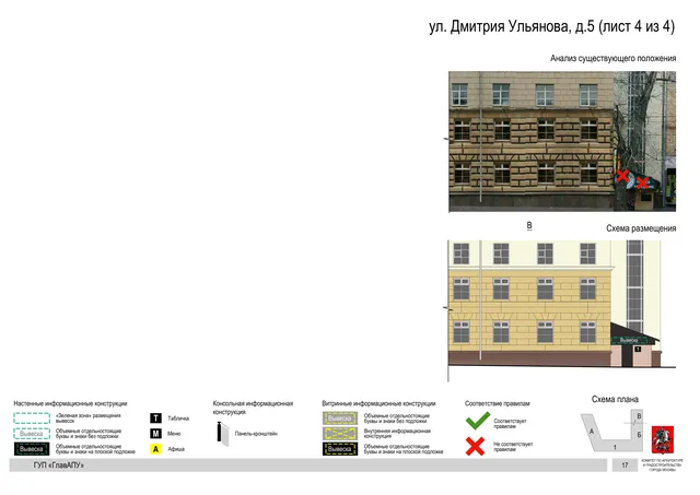 Архитектурная концепция размещения вывесок — Дмитрия ульянова улица, 5, Москва, лист 4 из 4 · Документ по адресу · Архитектурно-художественная концепция · 2016 год
