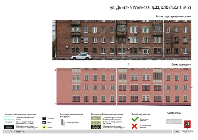 Архитектурная концепция размещения вывесок — Дмитрия ульянова улица, 33, корп. 10, Москва, лист 1 из 2 · Документ по адресу · Архитектурно-художественная концепция · 2016 год