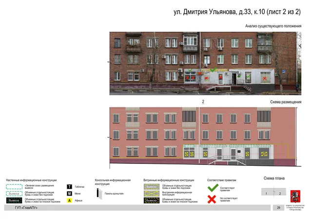 Архитектурная концепция размещения вывесок — Дмитрия ульянова улица, 33, корп. 10, Москва, лист 2 из 2 · Документ по адресу · Архитектурно-художественная концепция · 2016 год