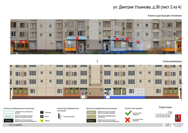 Архитектурная концепция размещения вывесок — Дмитрия ульянова улица, 36, Москва, лист 2 из 4 · Документ по адресу · Архитектурно-художественная концепция · 2016 год