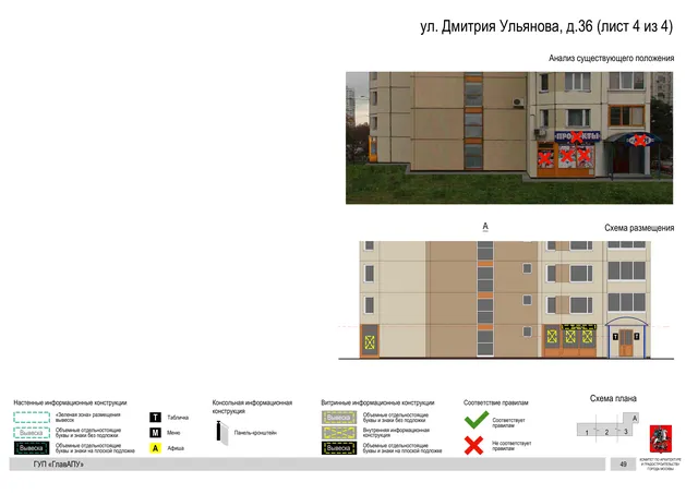 Архитектурная концепция размещения вывесок — Дмитрия ульянова улица, 36, Москва, лист 4 из 4 · Документ по адресу · Архитектурно-художественная концепция · 2016 год