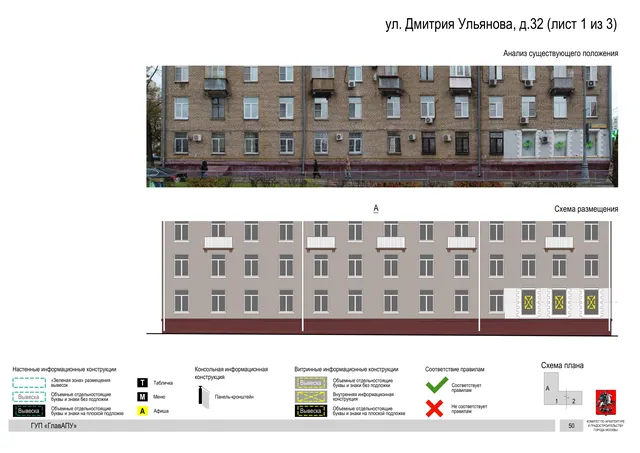 Архитектурная концепция размещения вывесок — Дмитрия ульянова улица, 32, Москва, лист 1 из 3 · Документ по адресу · Архитектурно-художественная концепция · 2016 год