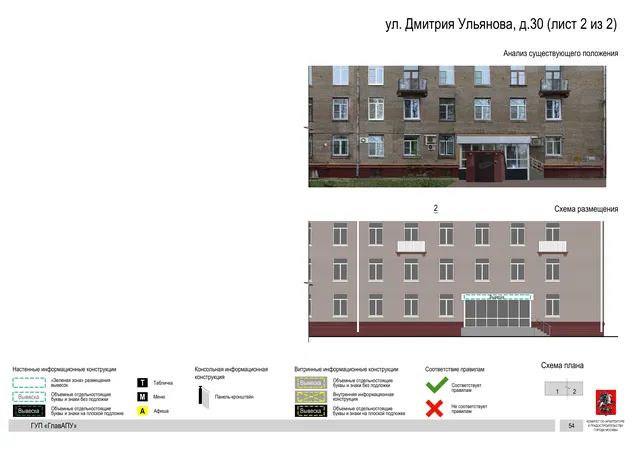 Архитектурная концепция размещения вывесок — Дмитрия ульянова улица, 30, Москва, лист 2 из 2 · Документ по адресу · Архитектурно-художественная концепция · 2016 год