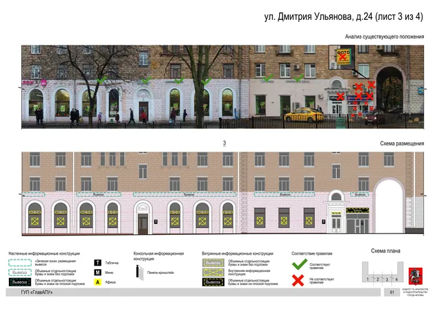 Архитектурная концепция размещения вывесок — Дмитрия ульянова улица, 24, Москва, лист 3 из 4 · Адрес также найден в другом документе · Архитектурно-художественная концепция · 2016 год