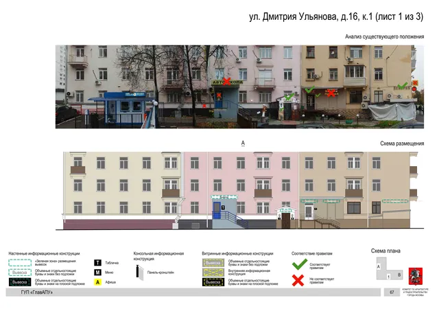 Архитектурная концепция размещения вывесок — Дмитрия ульянова улица, 16, корп. 1, Москва, лист 1 из 3 · Документ по адресу · Архитектурно-художественная концепция · 2016 год