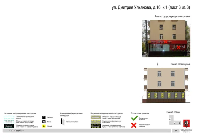 Архитектурная концепция размещения вывесок — Дмитрия ульянова улица, 16, корп. 1, Москва, лист 3 из 3 · Документ по адресу · Архитектурно-художественная концепция · 2016 год