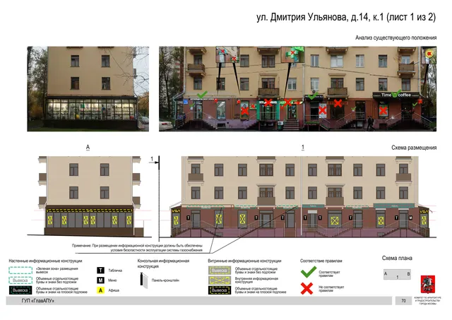 Архитектурная концепция размещения вывесок — Дмитрия ульянова улица, 14, корп. 1, Москва, лист 1 из 2 · Документ по адресу · Архитектурно-художественная концепция · 2016 год