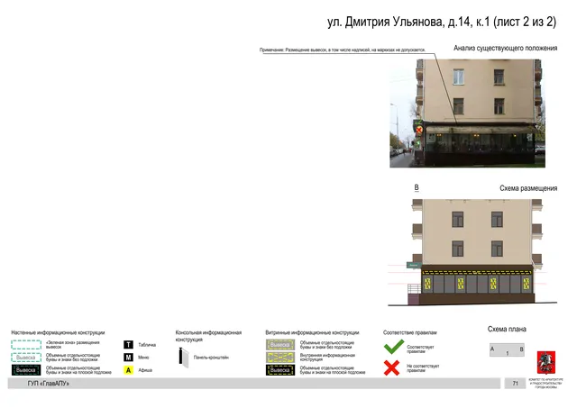 Архитектурная концепция размещения вывесок — Дмитрия ульянова улица, 14, корп. 1, Москва, лист 2 из 2 · Документ по адресу · Архитектурно-художественная концепция · 2016 год