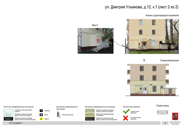 Архитектурная концепция размещения вывесок — Дмитрия ульянова улица, 12, корп. 1, Москва, лист 2 из 2 · Документ по адресу · Архитектурно-художественная концепция · 2016 год