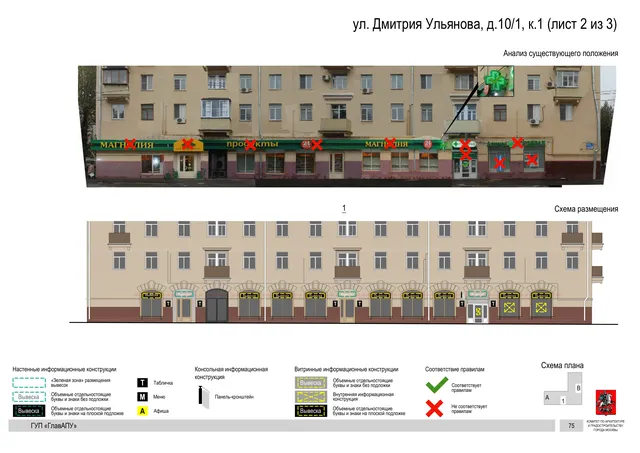 Архитектурная концепция размещения вывесок — Дмитрия ульянова улица, 10/1, корп. 1, Москва, лист 2 из 3 · Документ по адресу · Архитектурно-художественная концепция · 2016 год