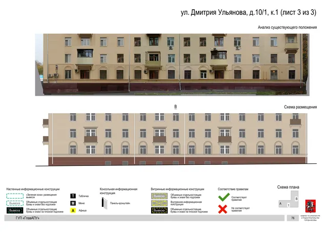 Архитектурная концепция размещения вывесок — Дмитрия ульянова улица, 10/1, корп. 1, Москва, лист 3 из 3 · Документ по адресу · Архитектурно-художественная концепция · 2016 год