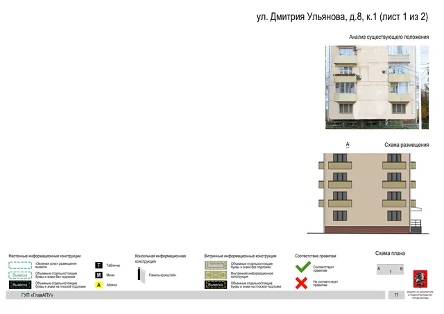 Архитектурная концепция размещения вывесок — Дмитрия ульянова улица, 8, корп. 1, Москва, лист 1 из 2 · Документ по адресу · Архитектурно-художественная концепция · 2016 год