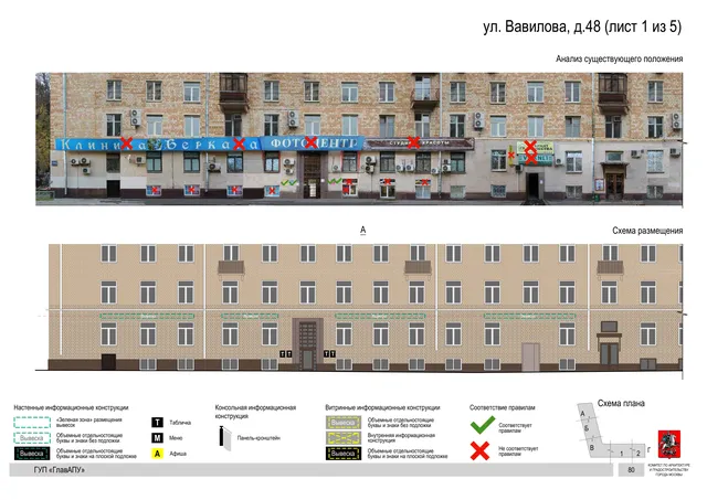 Архитектурная концепция размещения вывесок — Вавилова улица, 48, Москва, лист 1 из 5 · Документ по адресу · Архитектурно-художественная концепция · 2016 год