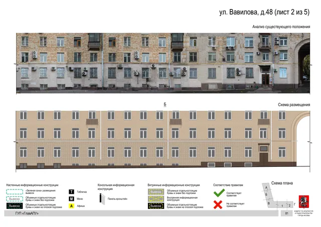 Архитектурная концепция размещения вывесок — Вавилова улица, 48, Москва, лист 2 из 5 · Документ по адресу · Архитектурно-художественная концепция · 2016 год