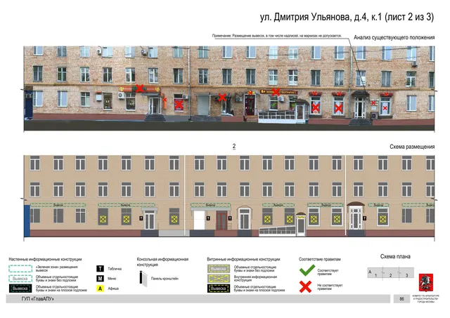 Архитектурная концепция размещения вывесок — Дмитрия ульянова улица, 4, корп. 1, Москва, лист 2 из 3 · Документ по адресу · Архитектурно-художественная концепция · 2016 год
