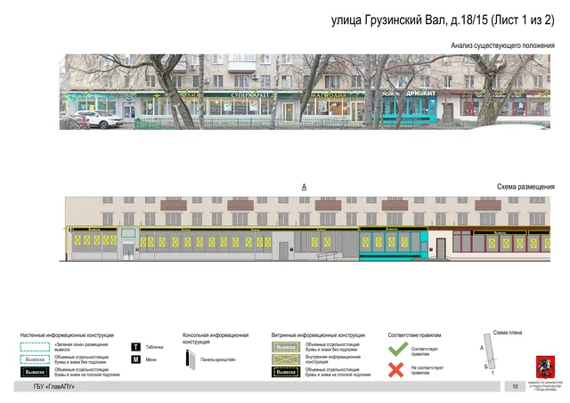Архитектурная концепция размещения вывесок — Грузинский вал улица, 18/15, Москва, лист 1 из 2 · Документ по адресу · Архитектурно-художественная концепция · 2019 год