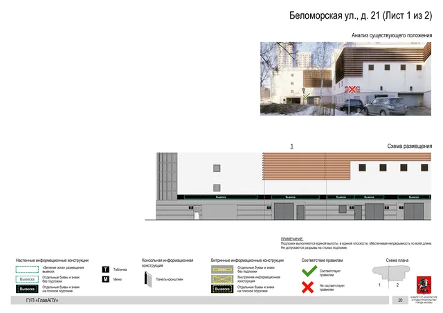Архитектурная концепция размещения вывесок — Беломорская улица, 21, Москва, лист 1 из 2 · Документ по адресу · Архитектурно-художественная концепция · 2016 год