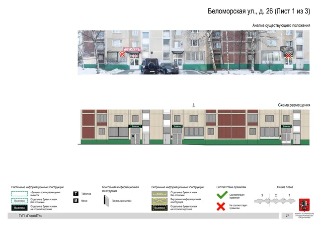 Архитектурная концепция размещения вывесок — Беломорская улица, 26, Москва, лист 1 из 3 · Документ по адресу · Архитектурно-художественная концепция · 2016 год