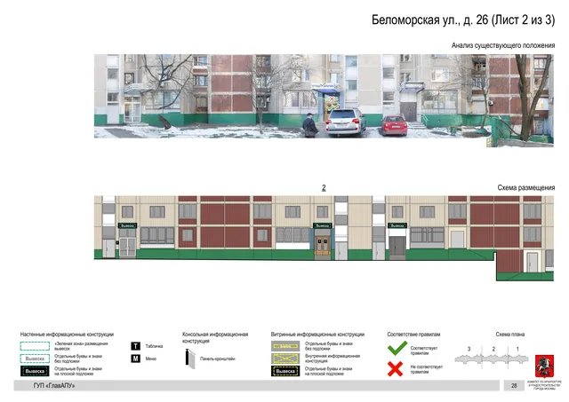 Архитектурная концепция размещения вывесок — Беломорская улица, 26, Москва, лист 2 из 3 · Документ по адресу · Архитектурно-художественная концепция · 2016 год