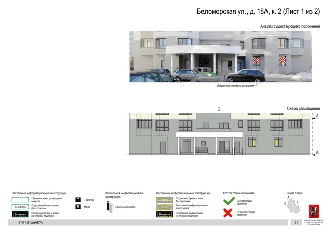 Архитектурная концепция размещения вывесок — Беломорская улица, 18А, корп. 2, Москва, лист 1 из 2 · Документ по адресу · Архитектурно-художественная концепция · 2016 год