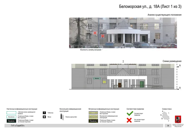 Архитектурная концепция размещения вывесок — Беломорская улица, 18А, Москва, лист 1 из 3 · Документ по адресу · Архитектурно-художественная концепция · 2016 год