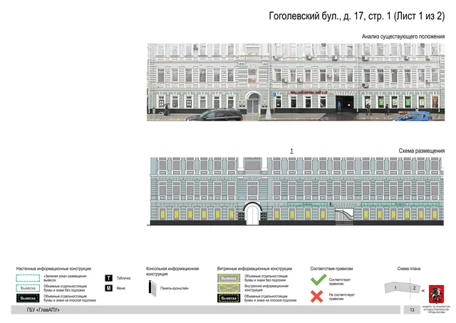 Архитектурная концепция размещения вывесок — Гоголевский бульвар, 17, стр. 1, Москва, лист 1 из 2 · Документ по адресу · Архитектурно-художественная концепция · 2018 год