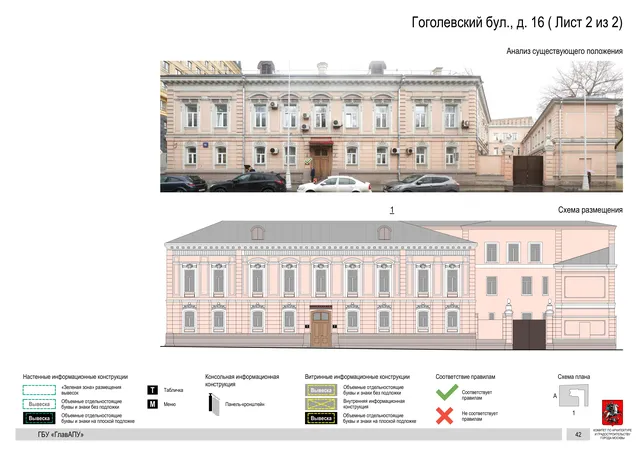 Архитектурная концепция размещения вывесок — Гоголевский бульвар, 16, Москва, лист 2 из 2 · Документ по адресу · Архитектурно-художественная концепция · 2018 год