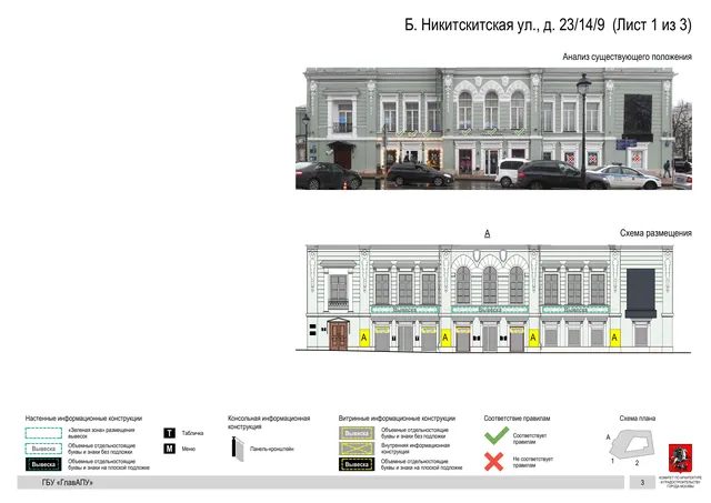 Архитектурная концепция размещения вывесок — Б никитскитская улица, 23/14/9, Москва, лист 1 из 3 · Документ по адресу · Архитектурно-художественная концепция · 2018 год