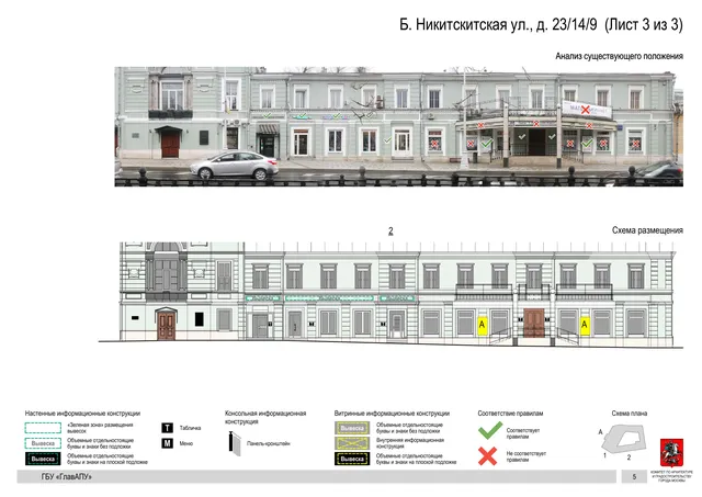 Архитектурная концепция размещения вывесок — Б никитскитская улица, 23/14/9, Москва, лист 3 из 3 · Документ по адресу · Архитектурно-художественная концепция · 2018 год