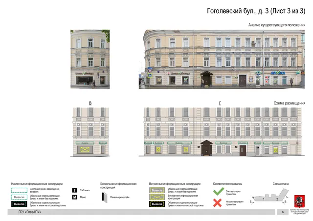 Архитектурная концепция размещения вывесок — Гоголевский бульвар, 3, Москва, лист 3 из 3 · Документ по адресу · Архитектурно-художественная концепция · 2018 год