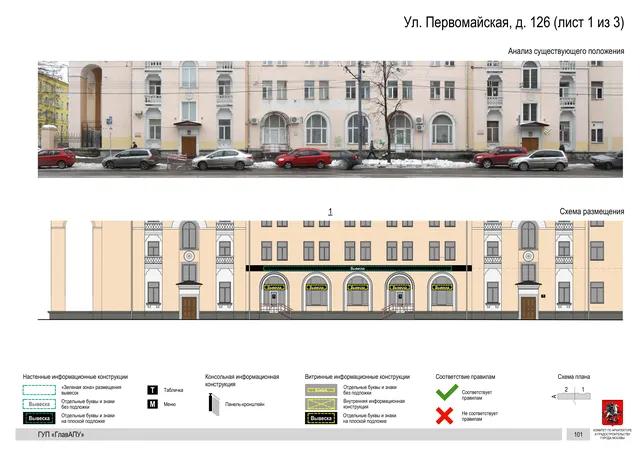 Архитектурная концепция размещения вывесок — Первомайская улица, 126, Москва, лист 1 из 3 · Документ по адресу · Архитектурно-художественная концепция