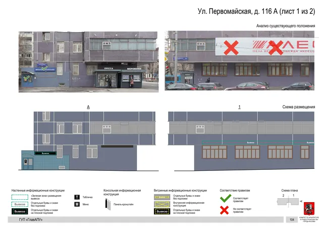Архитектурная концепция размещения вывесок — Первомайская улица, 116А, Москва, лист 1 из 2 · Документ по адресу · Архитектурно-художественная концепция