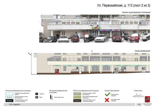 Архитектурная концепция размещения вывесок — Первомайская улица, 112, Москва, лист 2 из 3 · Документ по адресу · Архитектурно-художественная концепция