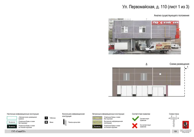 Архитектурная концепция размещения вывесок — Первомайская улица, 110, Москва, лист 1 из 3 · Документ по адресу · Архитектурно-художественная концепция