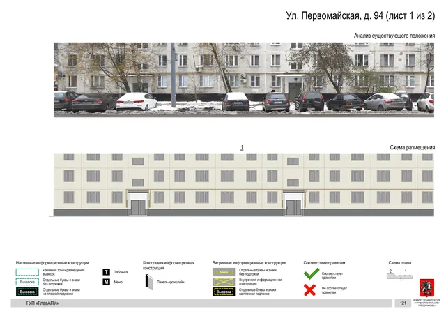 Архитектурная концепция размещения вывесок — Первомайская улица, 94, Москва, лист 1 из 2 · Документ по адресу · Архитектурно-художественная концепция
