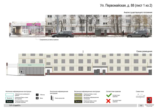 Архитектурная концепция размещения вывесок — Первомайская улица, 88, Москва, лист 1 из 2 · Документ по адресу · Архитектурно-художественная концепция