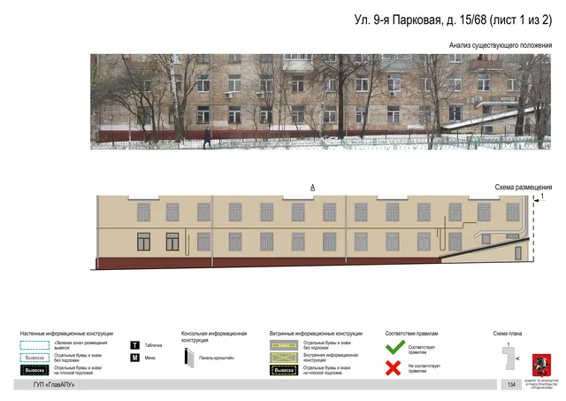 Архитектурная концепция размещения вывесок — 9-я парковая улица, 15/68, Москва, лист 1 из 2 · Документ по адресу · Архитектурно-художественная концепция