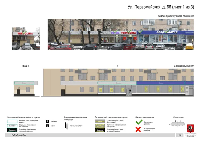 Архитектурная концепция размещения вывесок — Первомайская улица, 66, Москва, лист 1 из 3 · Документ по адресу · Архитектурно-художественная концепция