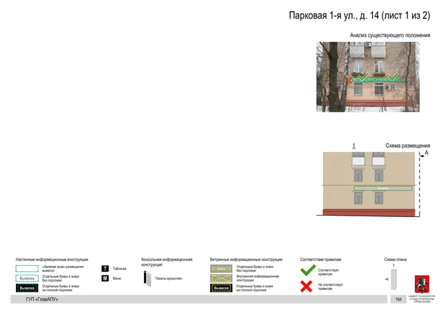 Архитектурная концепция размещения вывесок — Парковая 1-я улица, 14, Москва, лист 1 из 2 · Документ по адресу · Архитектурно-художественная концепция