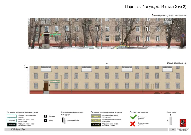 Архитектурная концепция размещения вывесок — Парковая 1-я улица, 14, Москва, лист 2 из 2 · Документ по адресу · Архитектурно-художественная концепция