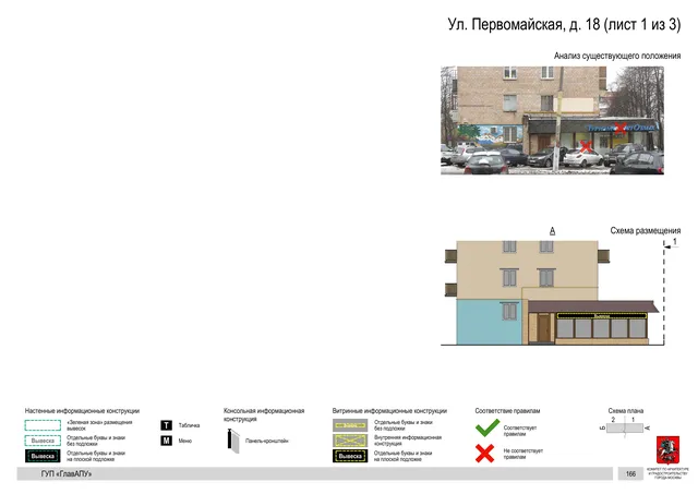 Архитектурная концепция размещения вывесок — Первомайская улица, 18, Москва, лист 1 из 3 · Документ по адресу · Архитектурно-художественная концепция