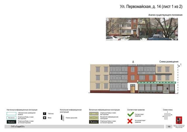 Архитектурная концепция размещения вывесок — Первомайская улица, 14, Москва, лист 1 из 2 · Документ по адресу · Архитектурно-художественная концепция