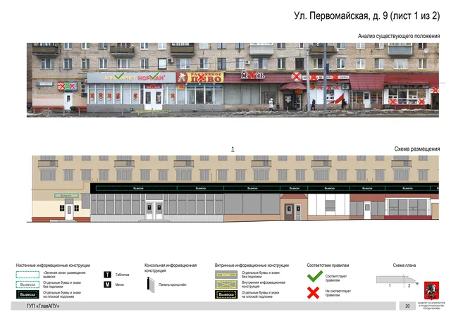Архитектурная концепция размещения вывесок — Первомайская улица, 9, Москва, лист 1 из 2 · Документ по адресу · Архитектурно-художественная концепция