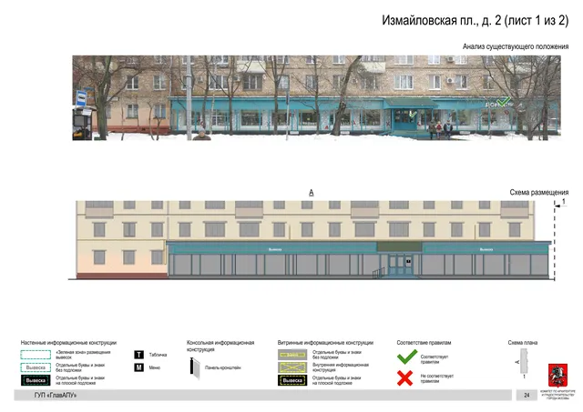 Архитектурная концепция размещения вывесок — Измайловская площадь, 2, Москва, лист 1 из 2 · Документ по адресу · Архитектурно-художественная концепция